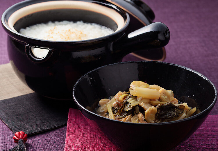 温泉粥と自家打ち打豆入り煮菜
